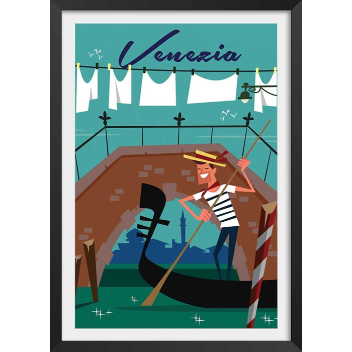 Affiche Gondole à Venise Affiche + cadre en bois - Noir
