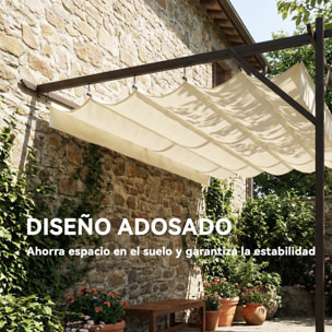 Pérgola de Pared de Jardín 4x3 m, Cenador de Jardín con Techo Retráctil, Protección UPF30+, Orificios de Drenaje y Estructura Metálica, Pabellón para Patio, Terraza, Exterior, Blanco Crema