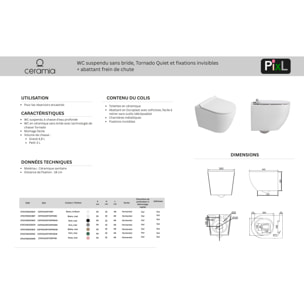 PixL WC suspendu en céramique Tornado Quiet Flush, fixations invisibles + abattant Soft-Close, Blanc brillant (CEPX010RTORP)