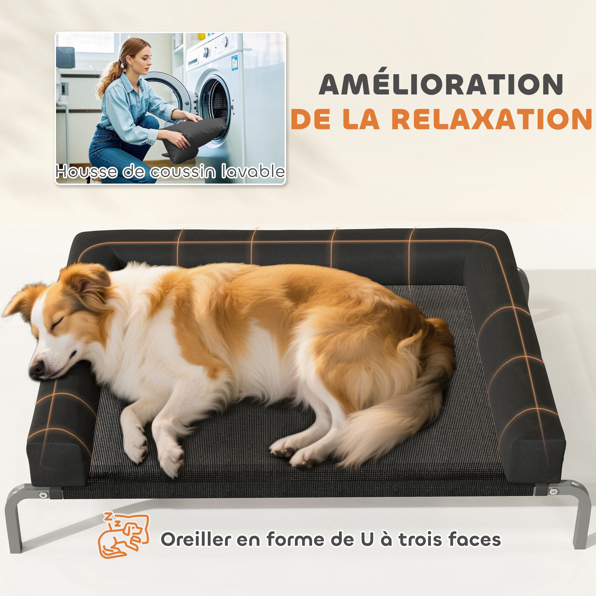 Transat pour animaux - lit pour chien - lit à pieds pour chien avec contour coussin dim. 110 x 75 x 30 cm - noir