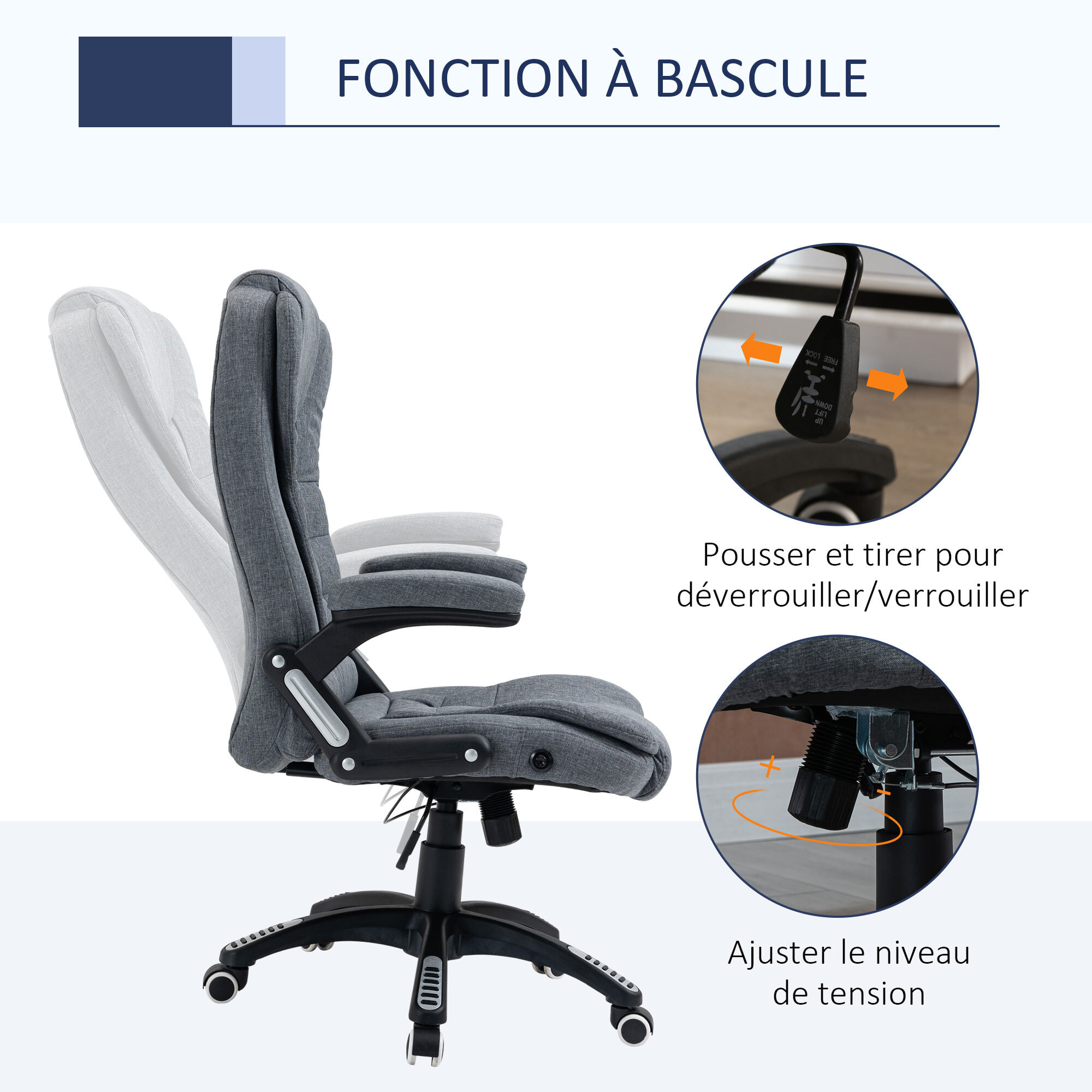 Vinsetto Fauteuil de bureau direction ergonomique hauteur réglable dossier inclinable toile de lin gris chiné