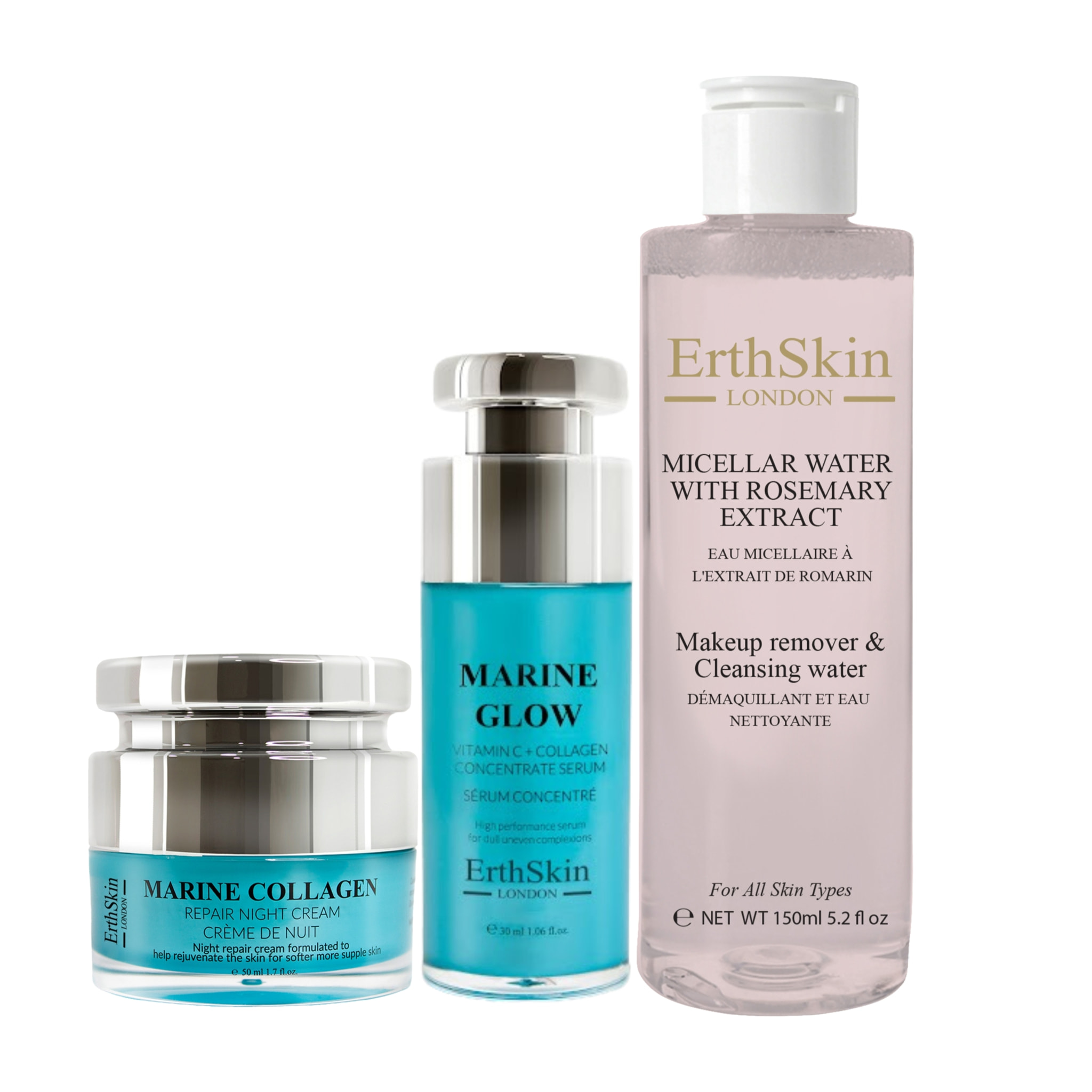 Agua Micelar con Extracto de Romero + Sérum Marino + Crema de Noche de Colágeno Marino