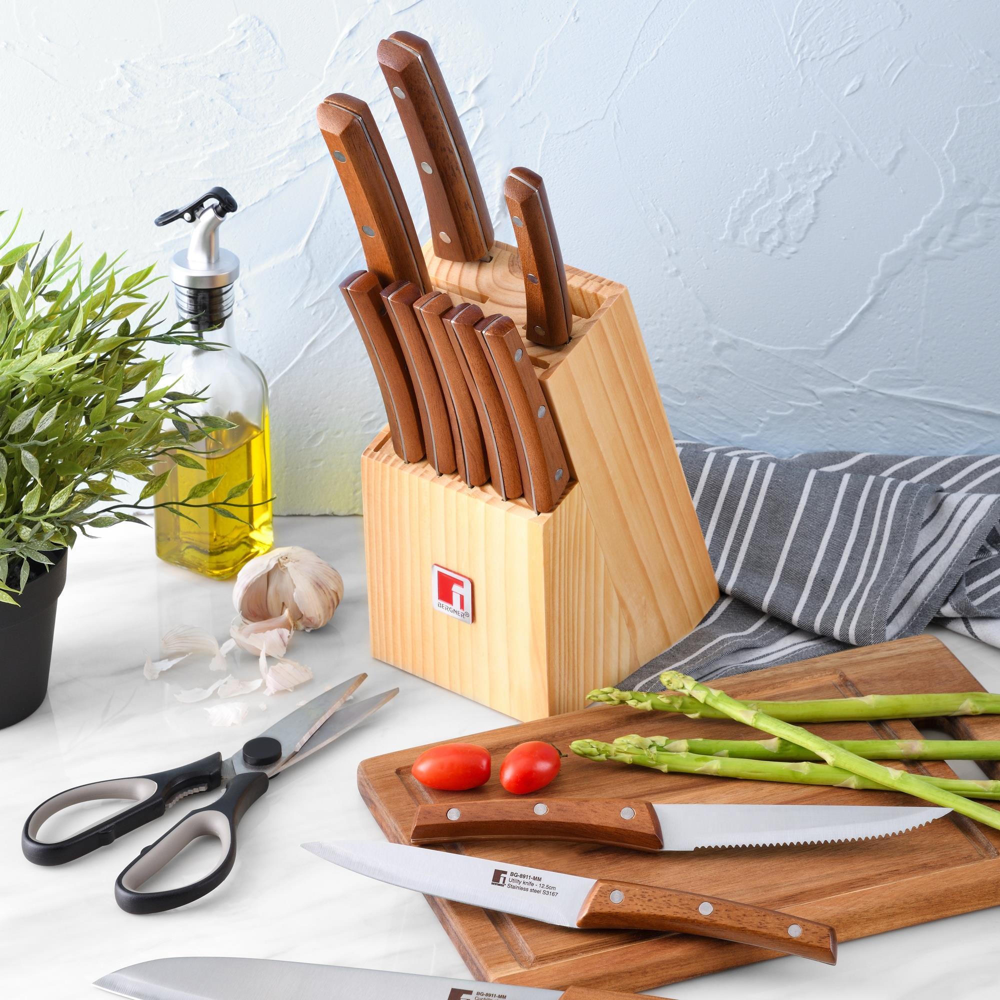 Juego de 11 Cuhillos + Tijeras en acero inoxidable + Tacoma de madera Nature Bergner