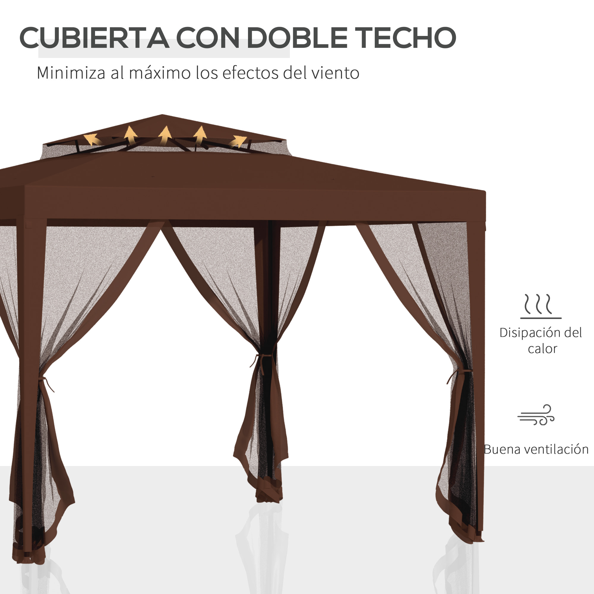 Carpa de Jardín 3x3 m Cenador Desmontable de Exterior Gazebo con 4 Mosquiteras Laterales Techo Doble y Marco Metálico Anti-UV Impermeable Pabellón para Terraza Patio Marrón