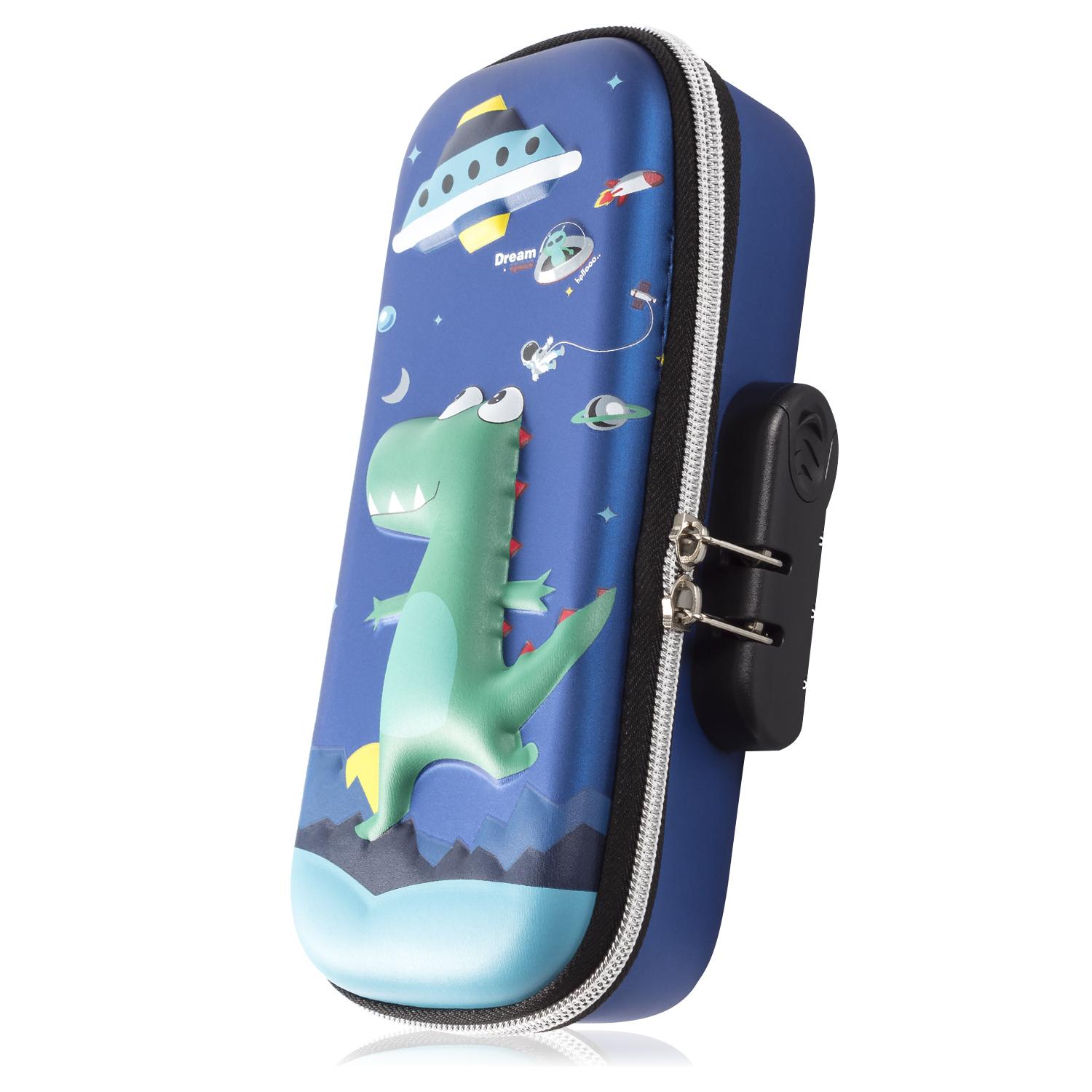 Estuche portatodo con diseño Dinosaurio en 3D. Cremallera con bloqueo de seguridad por combinación.