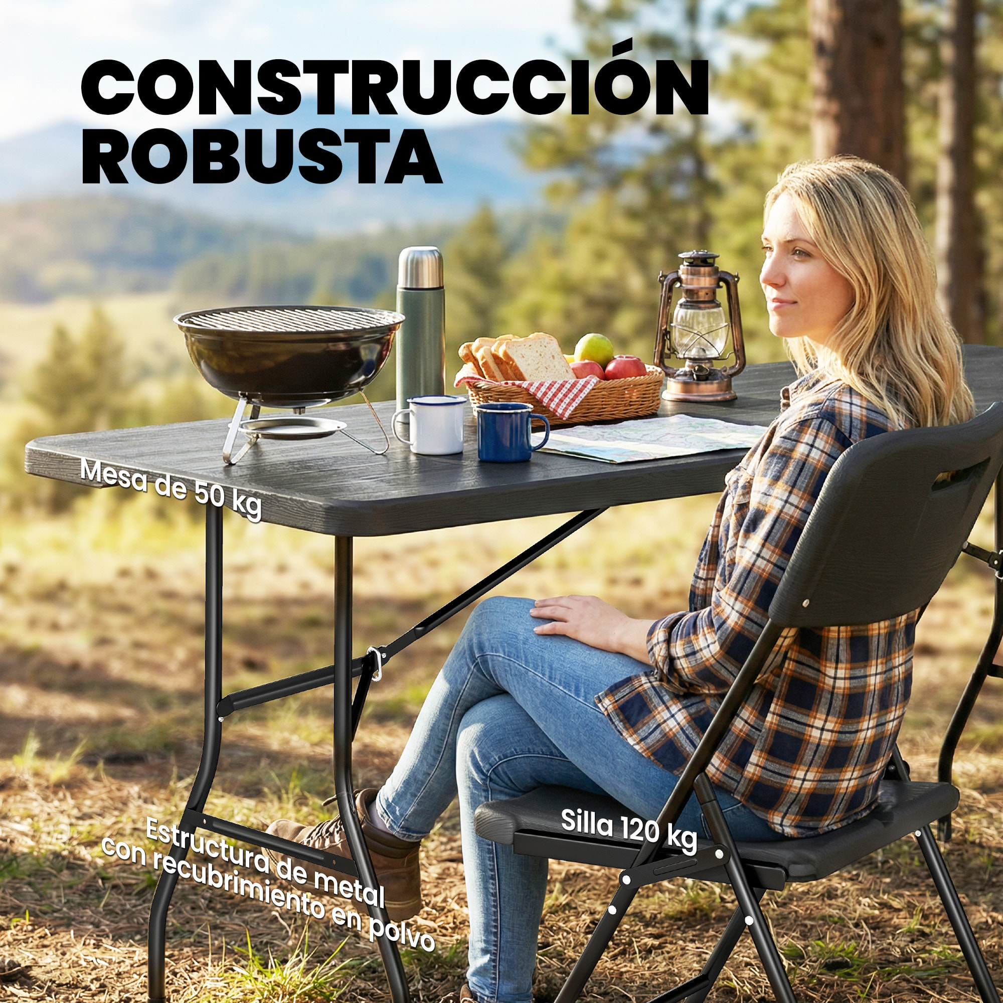 Conjunto de Camping Plegable de 5 Piezas Mesa Plegable Camping con Sillas Incluye 1 Mesa 180x74x74 cm y 4 Sillas Tapa Impermeable HDPE y Estructura de Metal para Acampadas Jardín Pícnic Negro