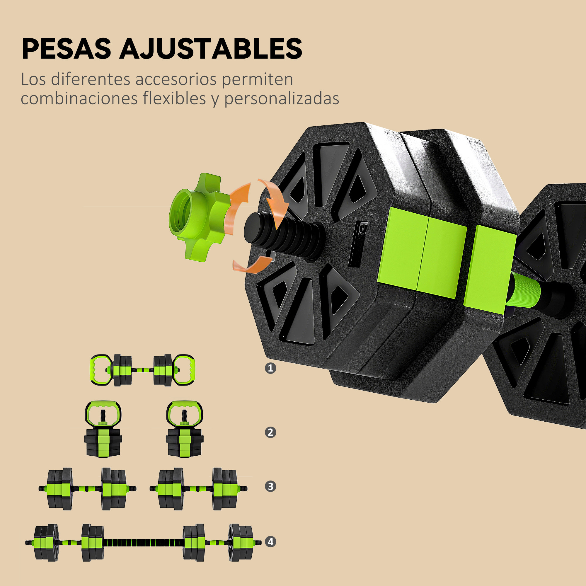 Juego de Mancuernas Ajustables, 4 en 1, 20kg, Juego de Pesas Utilizado como Kettlebell, Barra, Mancuernas o Soporte para Flexiones, Equipo para Hombres y Mujeres, Gimnasio en Casa