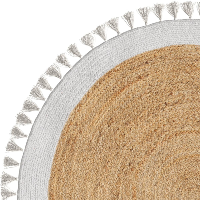 Tapis rond Anais en jute naturel avec bordure et frange blanche D120 cm