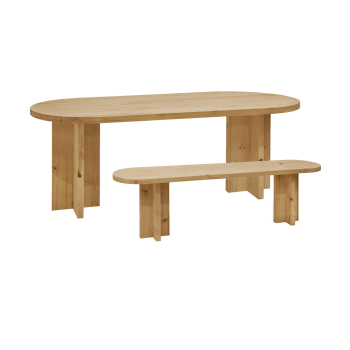 Pack table à manger ovale et banc en bois massif ton chêne moyen en différentes tailles