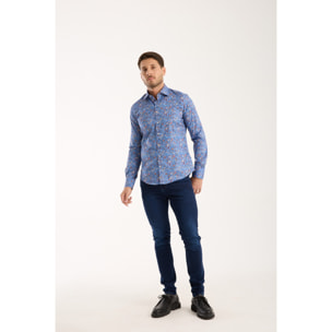 Camicia Uomo 1 Bottone Francese Slim Popeline Stretch Stampato Inchostro Mattone