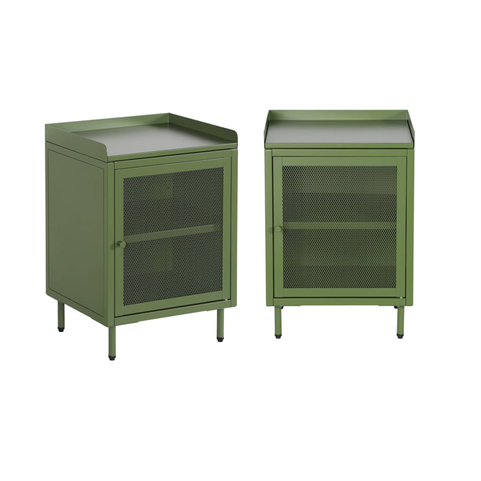 Lot de 2 tables de chevet industrielles métal vert 1 porte grillagée. 40 x 37 x 58.5 cm - Ohio