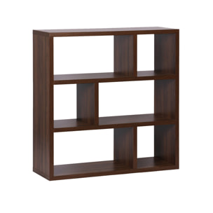 Etagère bibliothèque asymétrique 3 niveaux 6 compartiments. casiers. effet bois de noyer.  L 111.2 x P 39 x H 115.2cm