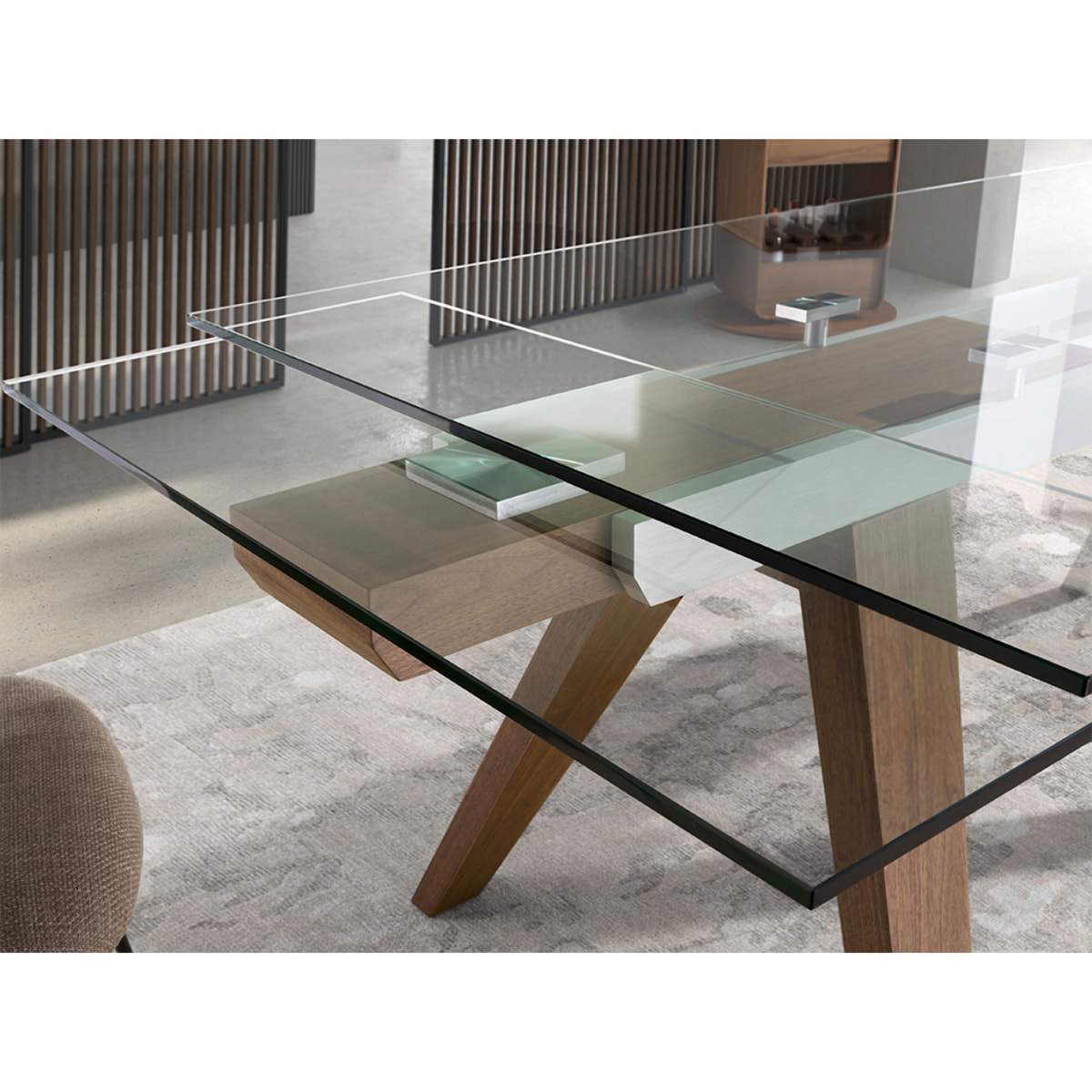 Mesa comedor extensible rectangular con tapa de cristal templado 180x100x76cm