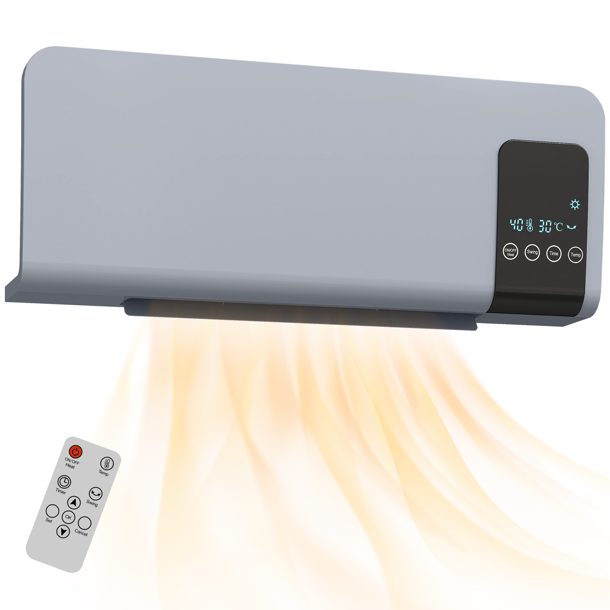 Calefactor Eléctrico Bajo Consumo, 1000W/2000W, Calefactor de Baño de Pared con Función de Oscilación, Pantalla LED, Protección contra Sobrecalentamiento, Temporizador, Mando a Distancia, Gris