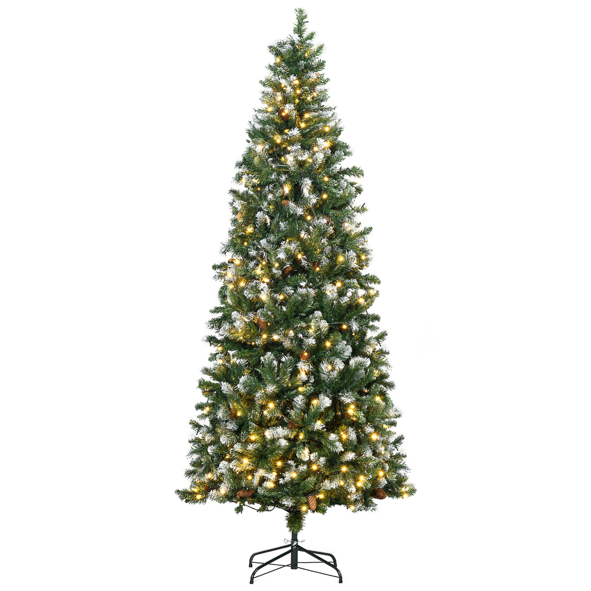 Árbol de Navidad Artificial con Luces LED Altura 230 cm Árbol de Navidad Estrecho con 1051 Ramas 45 Piñas y Polvo Brillante Base Plegable Ø100x230 cm Verde