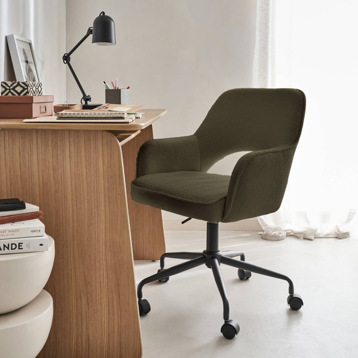 Chaise de bureau à roulettes bouclettes kaki foncé. Jim. L 60 x P 62 x H 89 / 99cm.