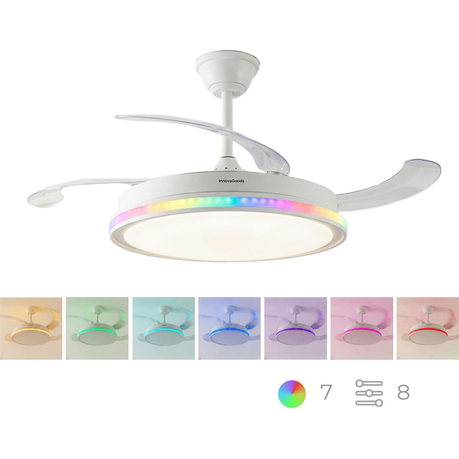 Ventilatore da soffitto con luce LED RGB, 4 pale retrattili e telecomando InnovaGoods