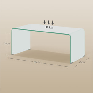Table basse design contemporain dim. 80L x 45l x 35H cm verre trempé 10 mm transparent