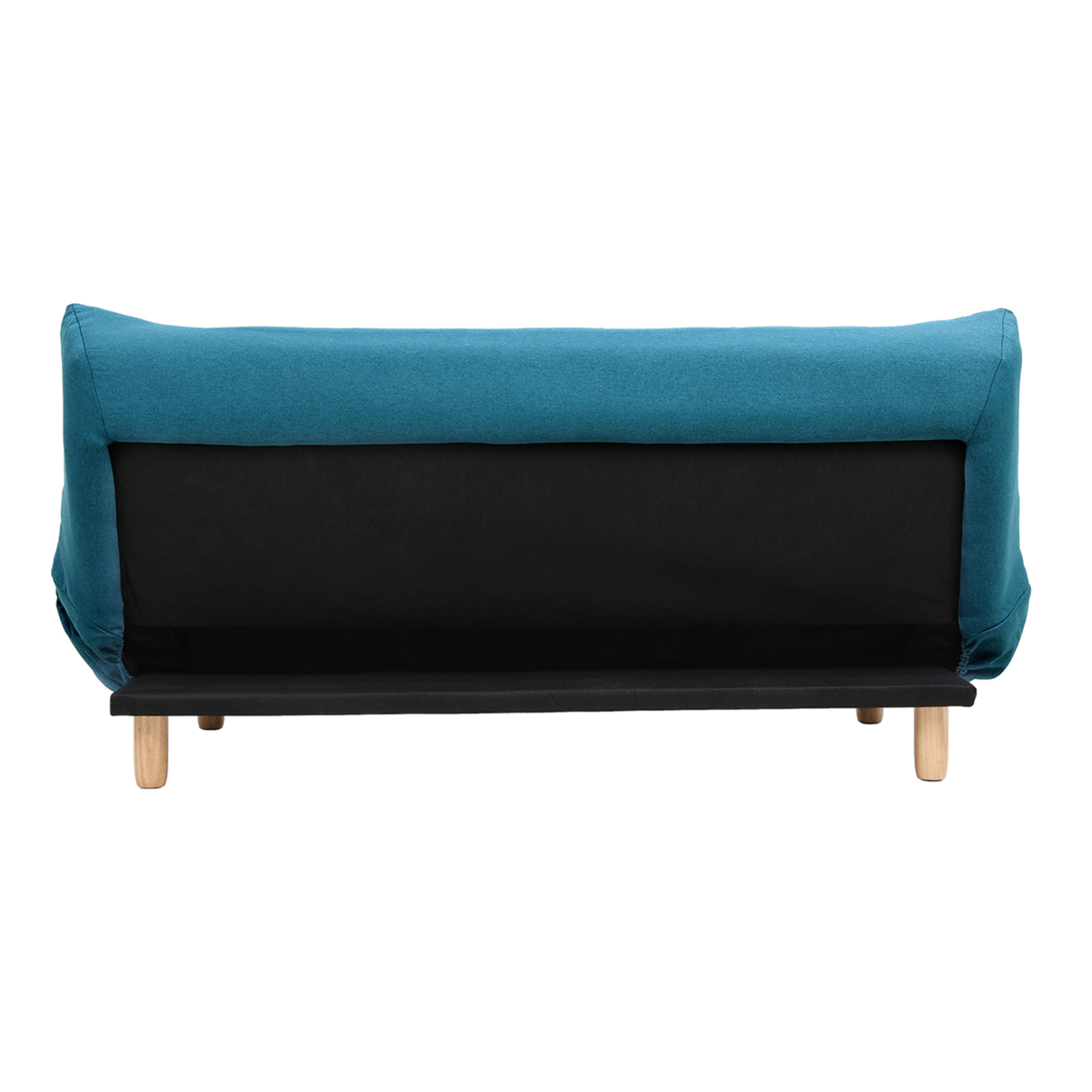 Canapé convertible scandinave 3 places en tissu bleu canard et bois clair YUMI