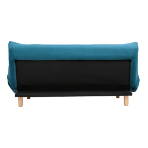 Canapé convertible scandinave 3 places en tissu bleu canard et bois clair YUMI