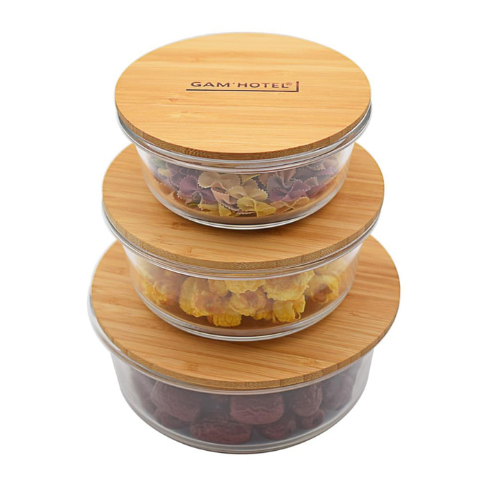 Set de 3 boîtes rondes en verre bambou - 400ml 620ml 950ml