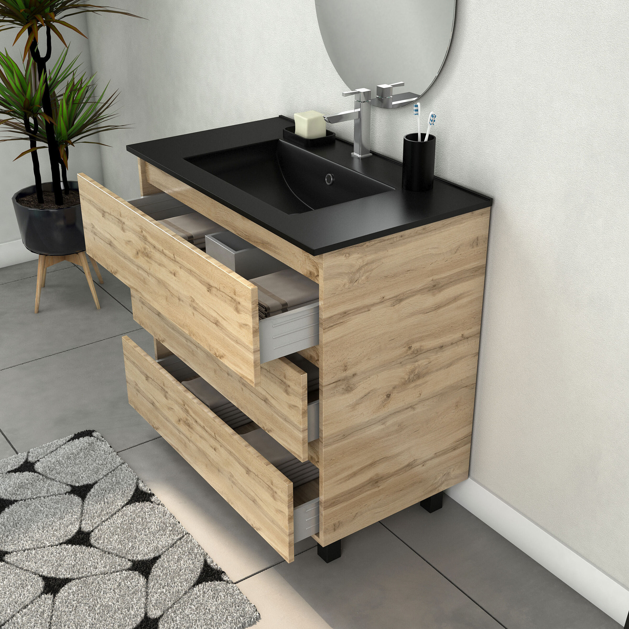 Meuble Salle de Bains 80cm 3 Tiroirs Chêne Naturel + Vasque Noire et Miroir Ovale