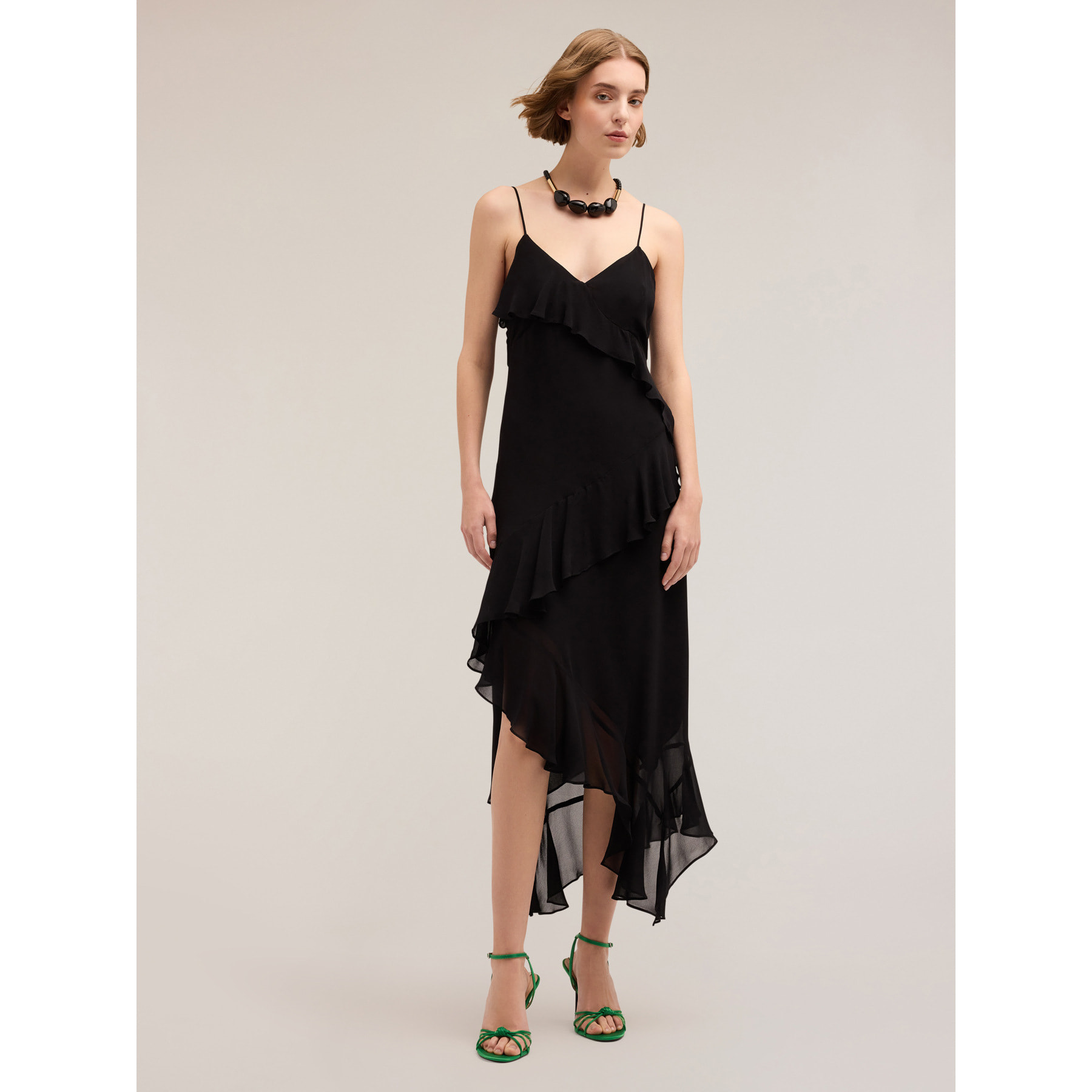 Motivi - Vestido midi con volantes tipo rouches - Negro