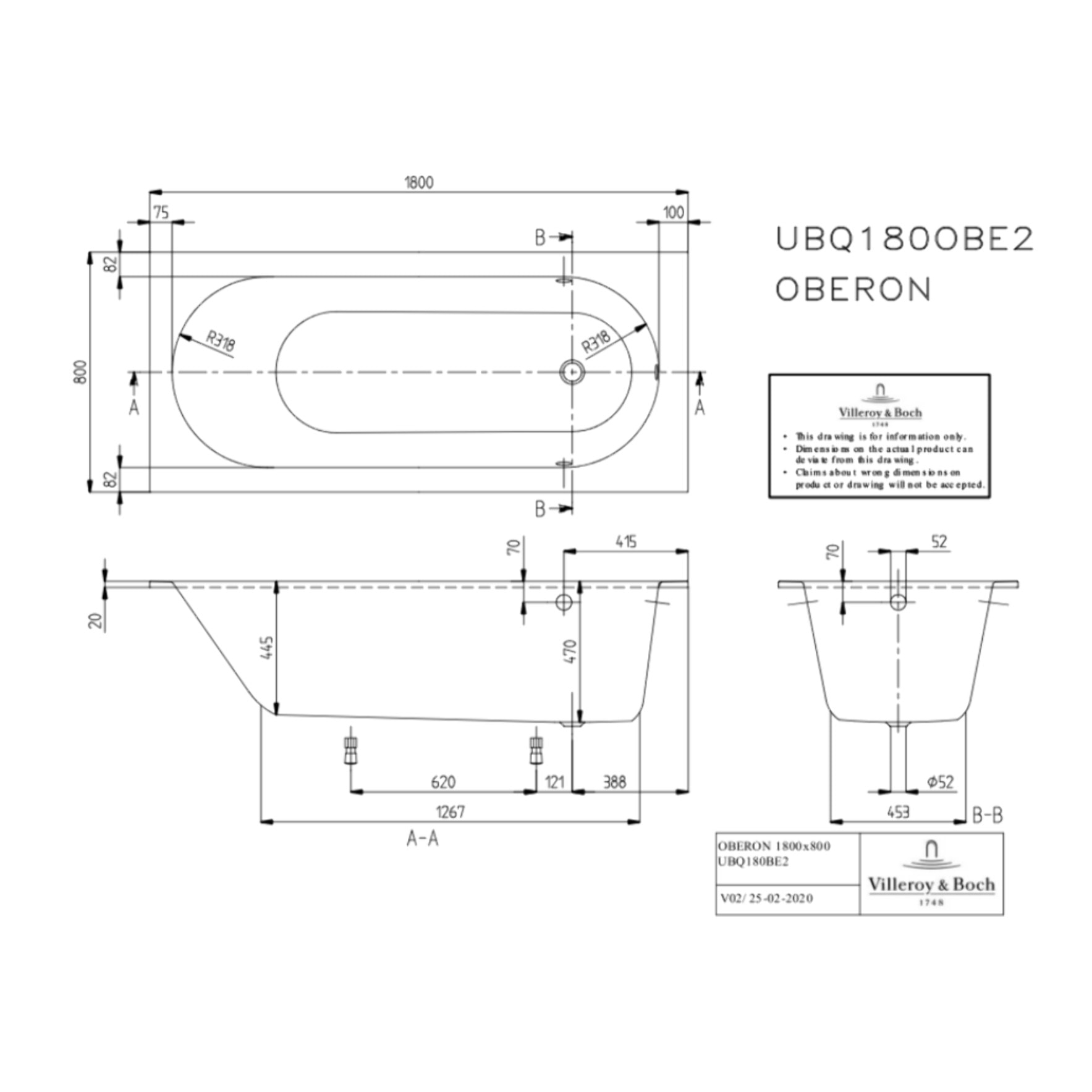 Baignoire droite 180 X 80 Oberon Solo Quaryl