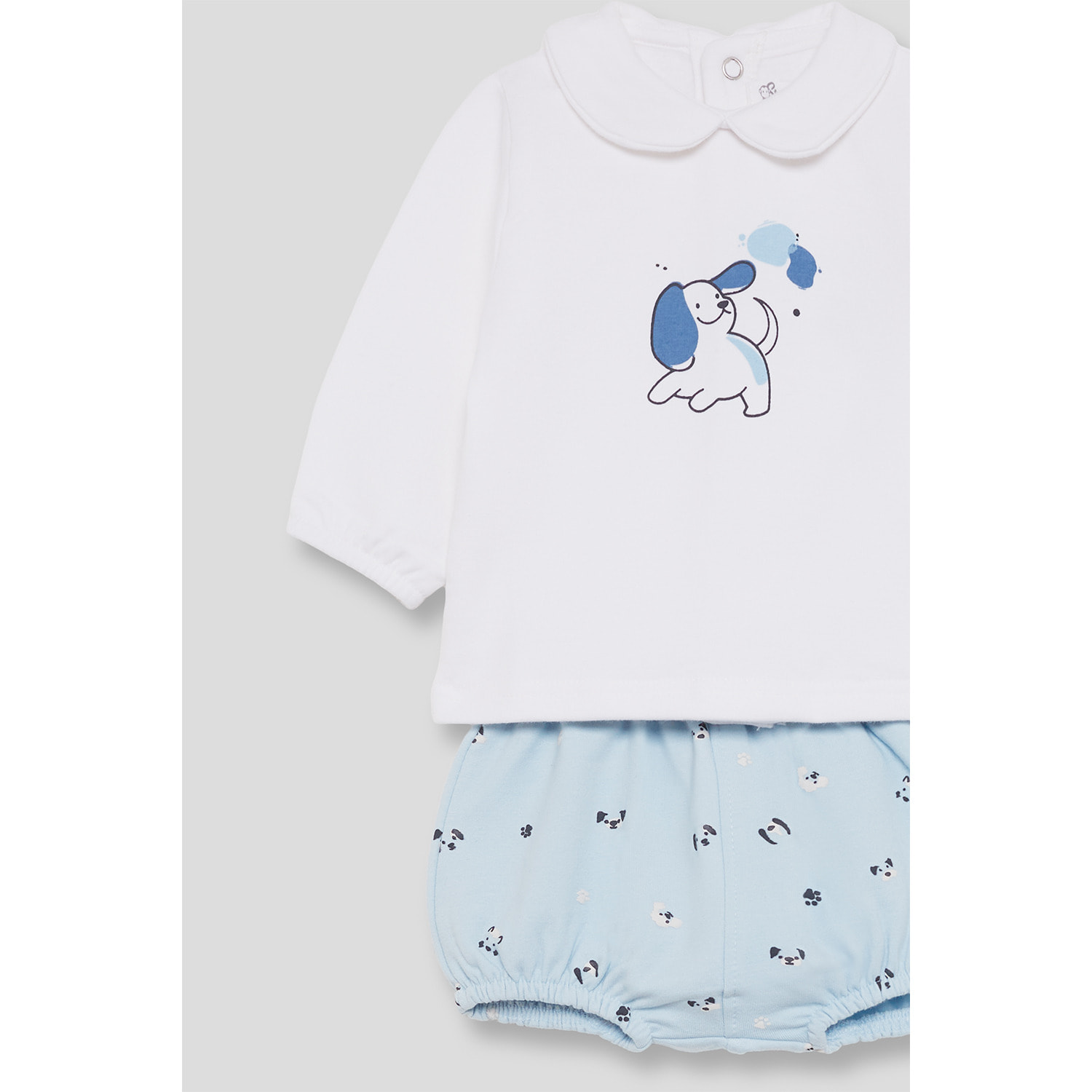 Conjunto bebé niño camiseta crudo con perrito y braguita azul de huellitas, cierre trasero de botones | Color: Blanco roto | Street Monkey