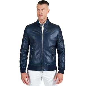 Giubbotto Bomber in pelle nappa blu colletto con bottoni