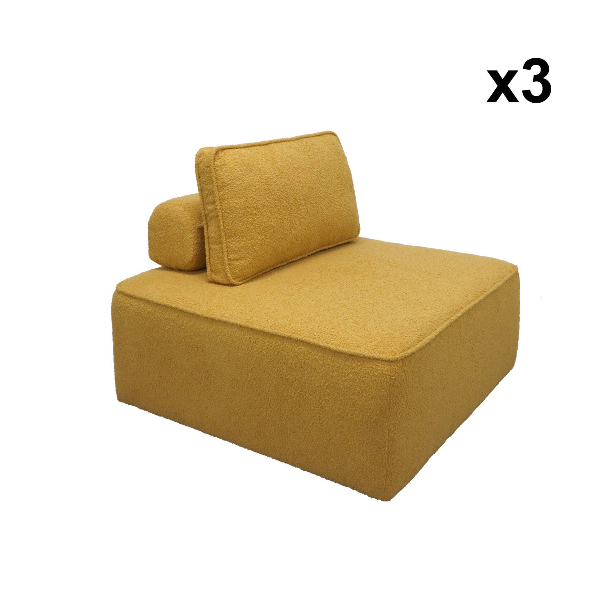 Lot de 3 chauffeuses pour canapé modulable tissu bouclette moutarde 1 place Bao. L 90 x P 90 x H 74cm