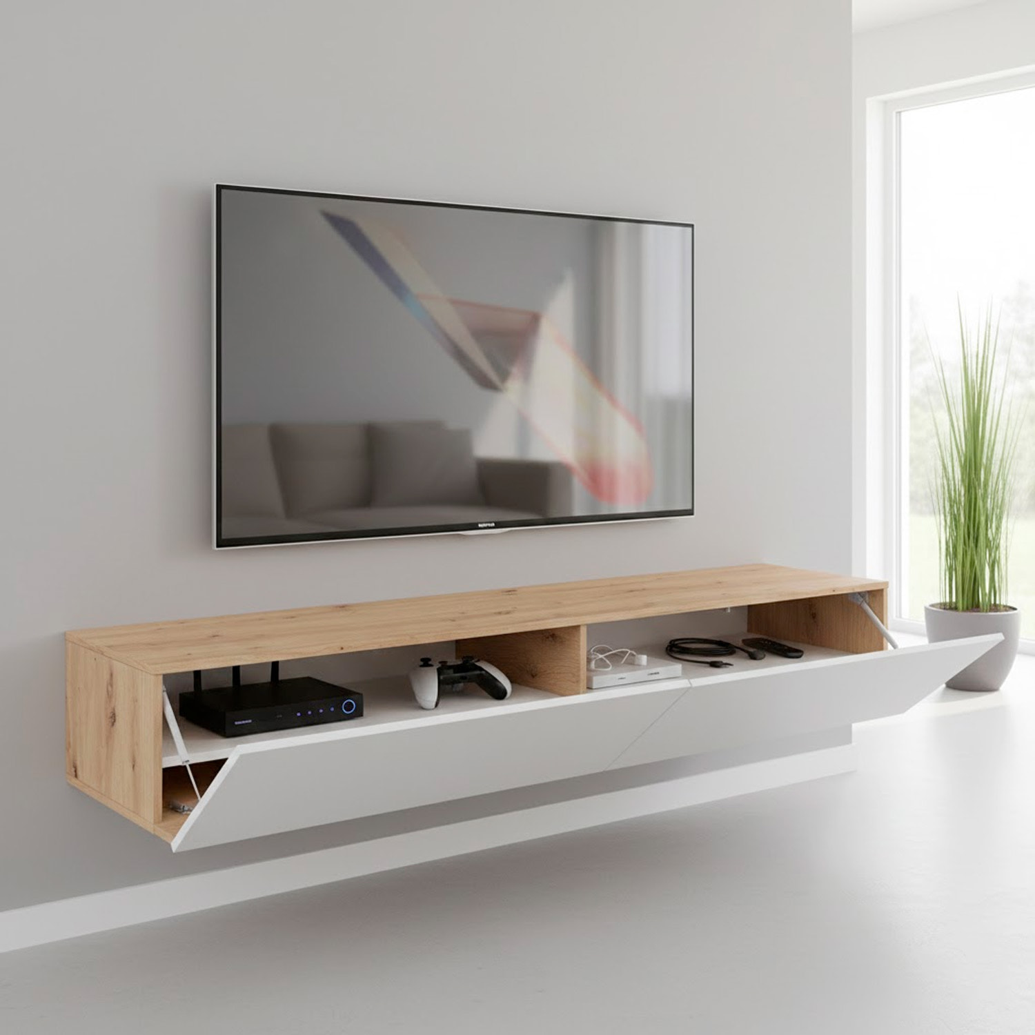 Mobile TV Sospeso Da 180 Cm Parete Attrezzata Con 2 Ante Push Porta TV Moderno In Pannelli Melaminici E1 180 x 34,5 x 28 Cm Rovere E Bianco Opaco