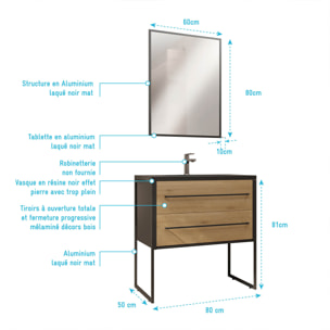 Pack Meuble Salle de Bain 80 cm Noir Mat & Bois 2 Tiroirs - Vasque Noire Effet Pierre - Miroir