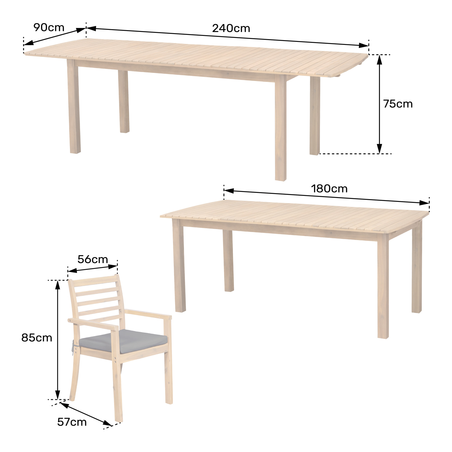 Salon de jardin extensible 180/240cm PADAR en acacia 8 places - coussins gris