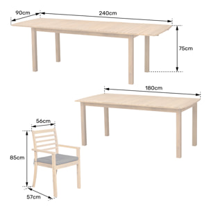 Salon de jardin extensible 180/240cm PADAR en acacia 8 places - coussins gris
