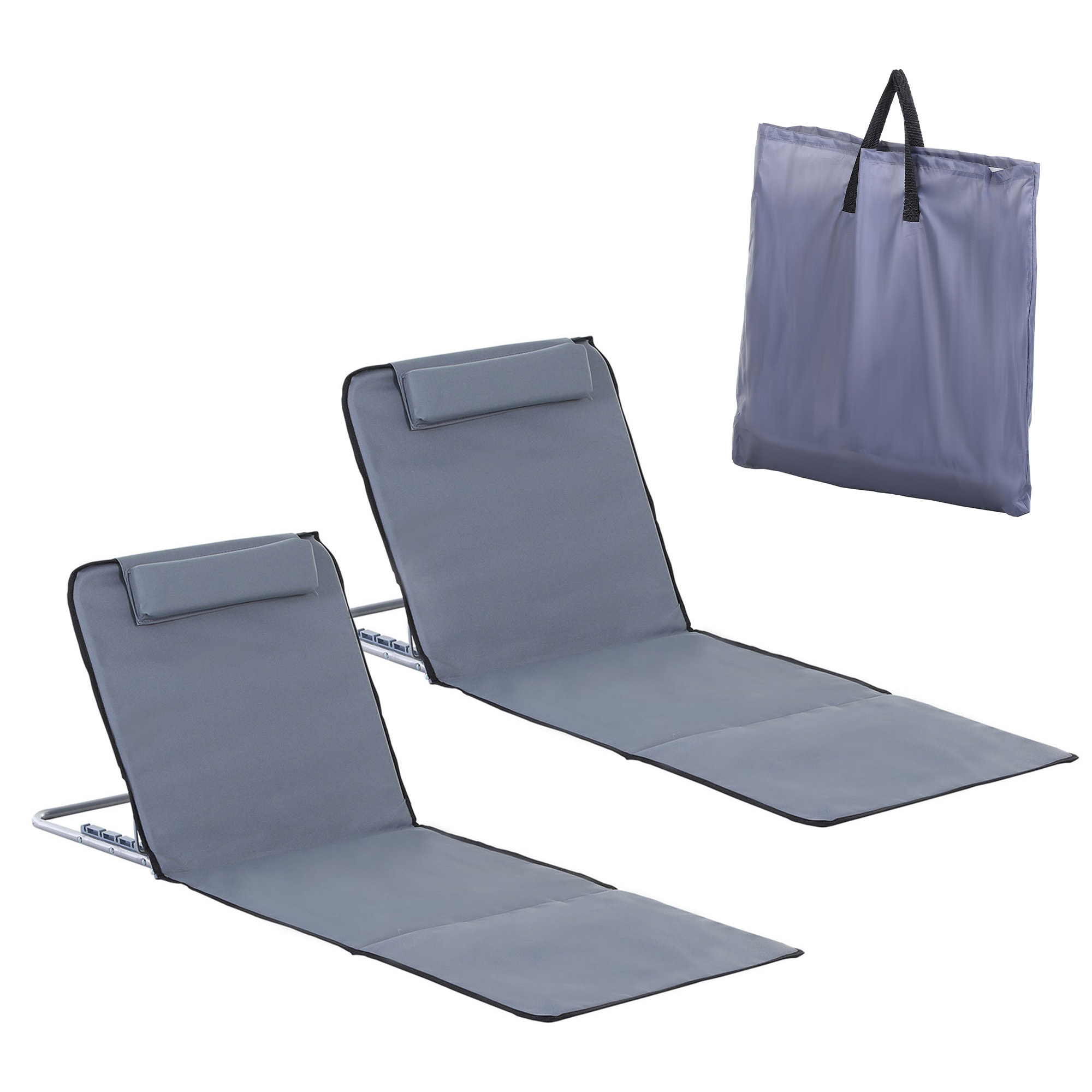 Conjunto de 2 Esterillas de Playa Plegable Esterillas con Respaldo Reclinable en 5 Niveles Reposacabezas y Bolsa de Transporte 134x48x33-43 cm Gris