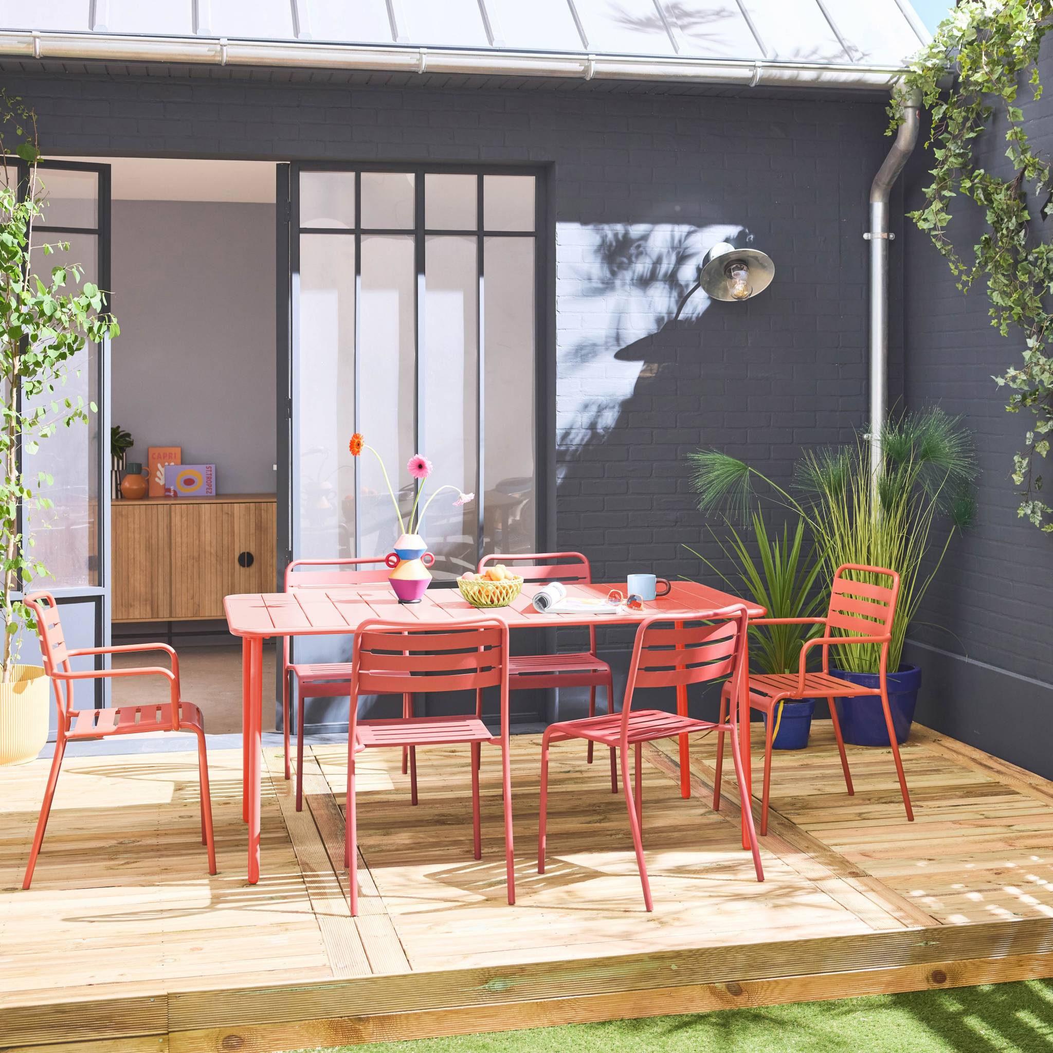 Table de jardin métal + 6 assises terracotta. acier traitement anti rouille