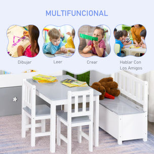 Mesa y Sillas Infantiles de 4 Piezas Mesa Infantil con 2 Sillas y Banco con Almacenaje Juego de Muebles para Actividades para Niños de +3 Años para Dormitorio Sala de Juegos Gris y Blanco