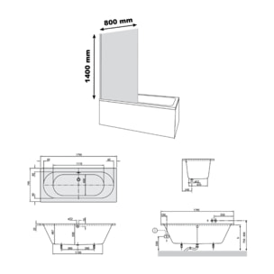 Baignoire droite avec pieds 180 x 80 cm VILLEROY & BOCH O.Novo Blanc + Pare Bain gauche AURYS Raywall noir mat