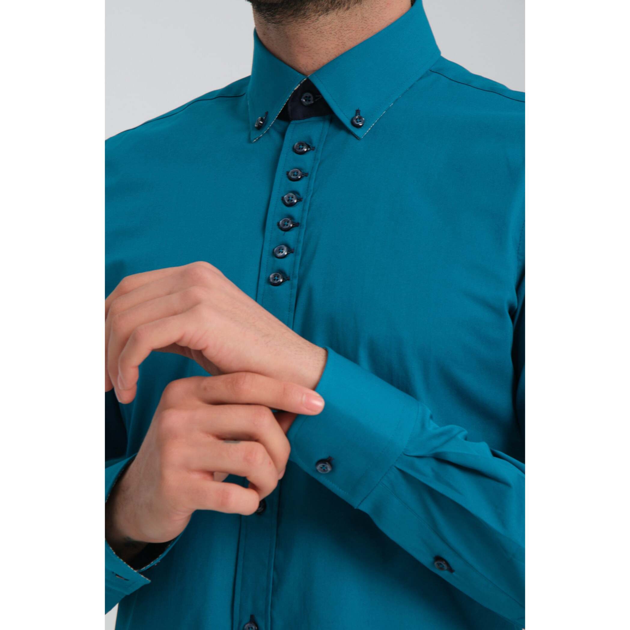 Camicia Uomo 1 Bottoni Button Down Slim Popeline Stretch Unito Verde Ottanio