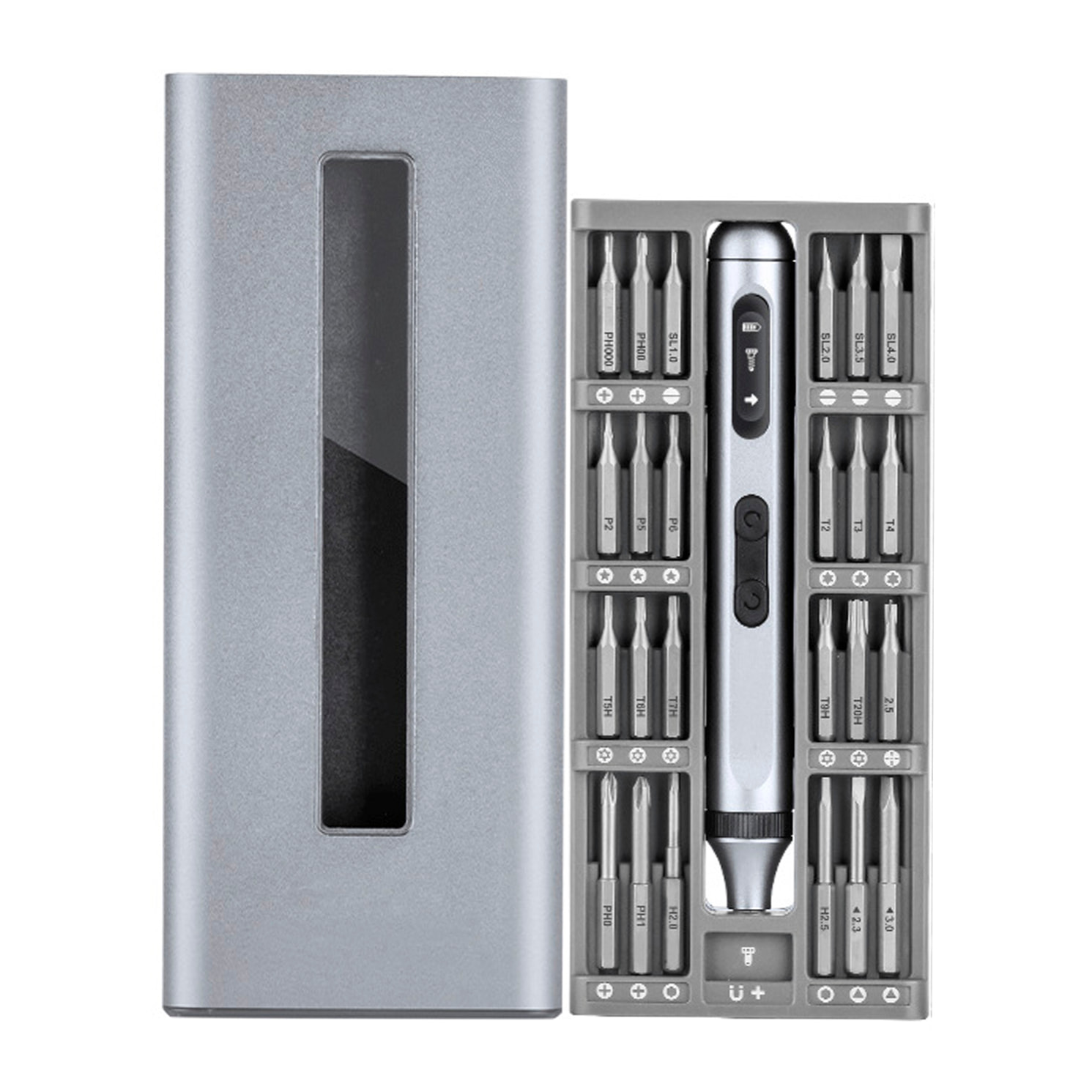 Destornillador eléctrico portátil 50 en 1 con doble luz, pantalla LCD, giro bidireccional, torque 0,3Nm y batería recargable.