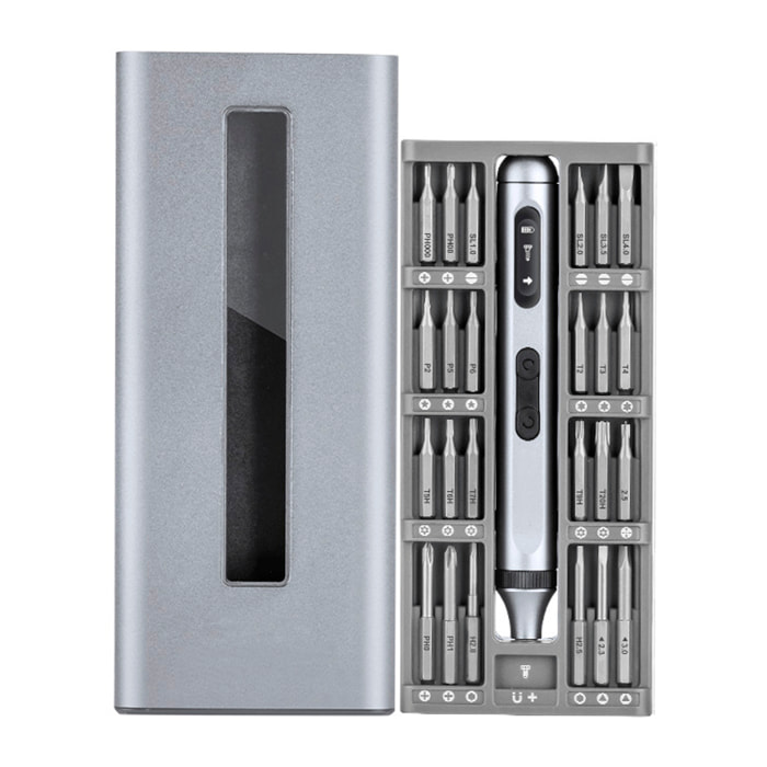 Destornillador eléctrico portátil 50 en 1 con doble luz, pantalla LCD, giro bidireccional, torque 0,3Nm y batería recargable.