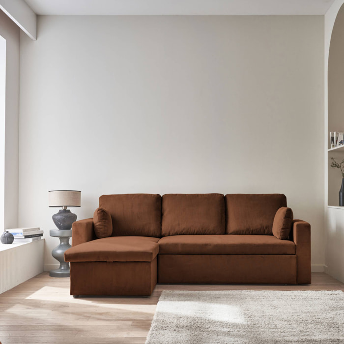 Canapé d'angle convertible en velours côtelé rouille - IDA - 3 places. fauteuil d'angle réversible coffre rangement lit modulable