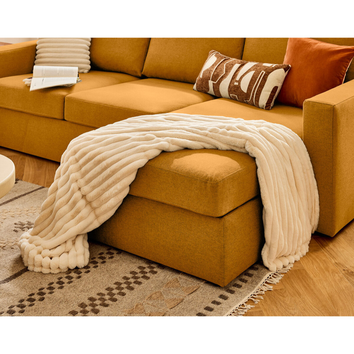 Barrie - canapé d'angle réversible 4 places avec têtière amovible en tissu - Jaune