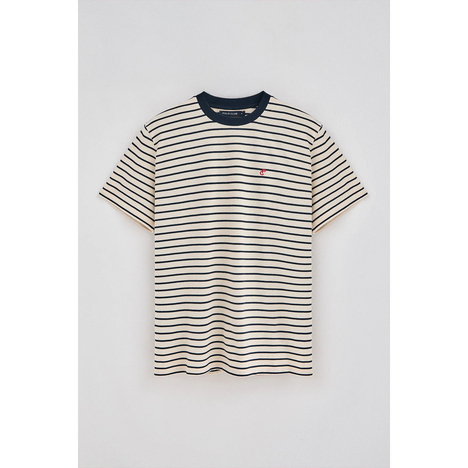 Maglietta a righe blu marino e beige con monogramma ricamato