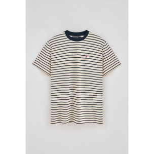 Maglietta a righe blu marino e beige con monogramma ricamato