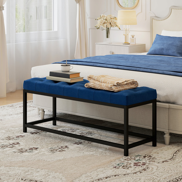 Banco Pie de Cama, Tapizado en Terciopelo, Banqueta para Dormitorio, Diseño Capitoné, Base de Metal, Banco para Dormitorio, Entrada, Salón, Recibidor, Azul Oscuro