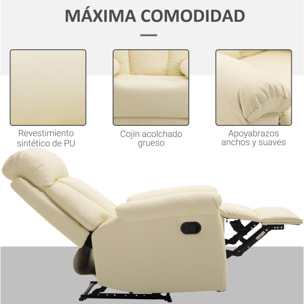 Sillón Relax Reclinable Tapizado en PU Butaca de Salón con Reposapiés Retráctil Respaldo Alto Resposabrazos y Asiento Acolchados Grueso 80x97x107 cm Blanco