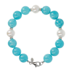 PERLAVIVA - Bracciale in Argento 925 placcato Rodio con Giada Celeste e Perle Bianche d'Acqua Dolce Ø 11/12 mm