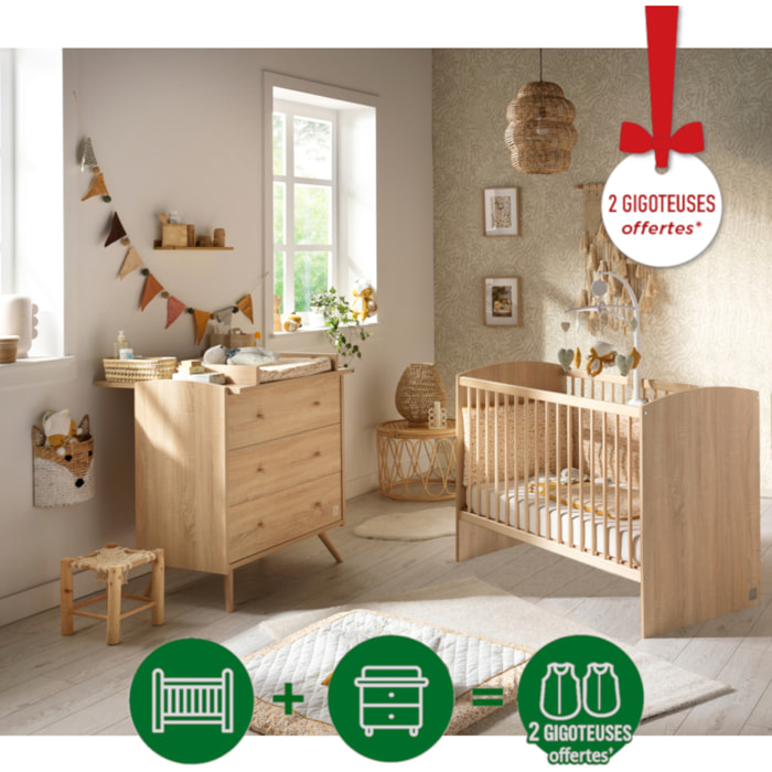 Chambre bébé complète Access, Lit 120x60 et Commode à langer - Chêne doré